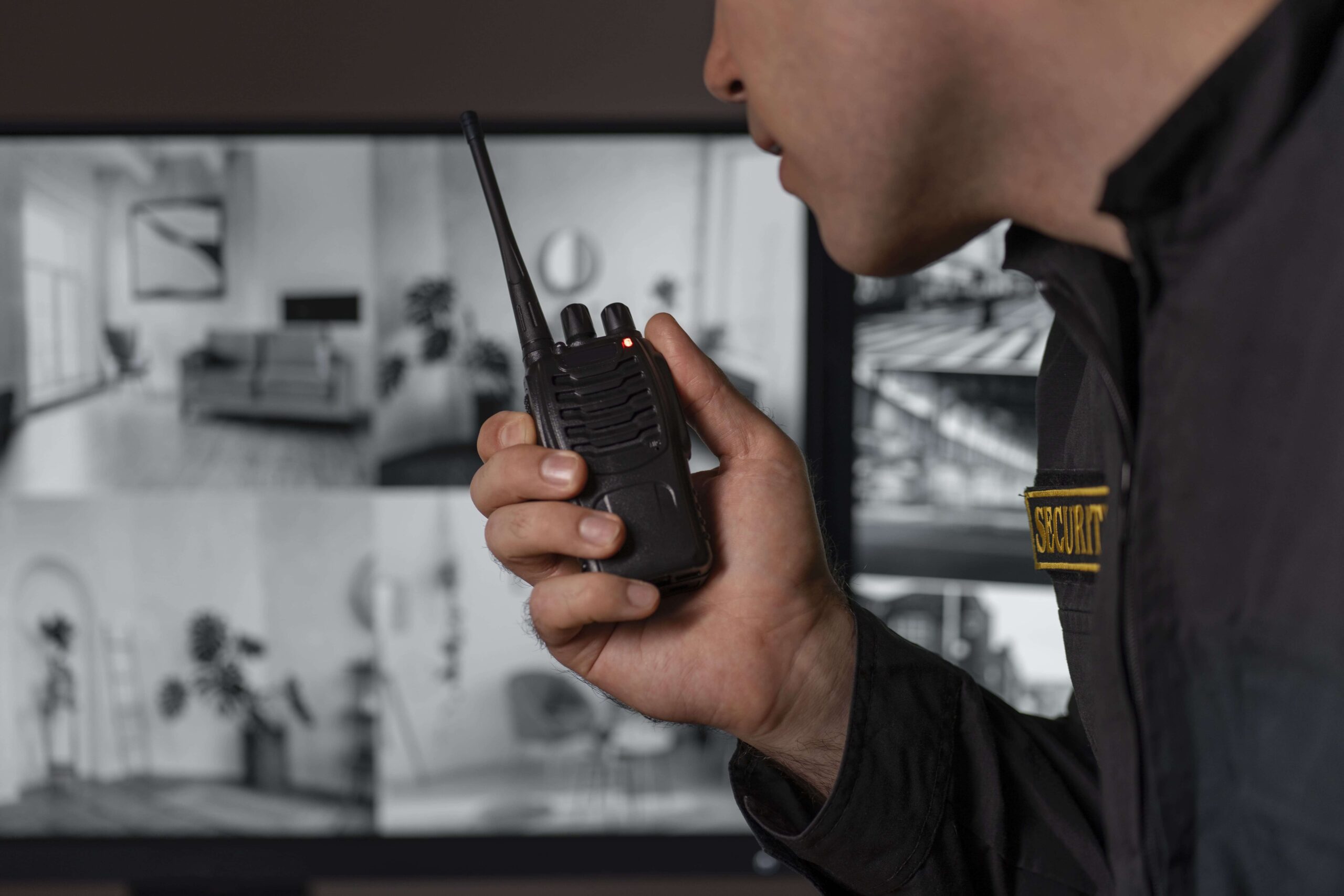 portrait-d-un-agent-de-securite-masculin-avec-une-station-de-radio-et-des-ecrans-de-camera